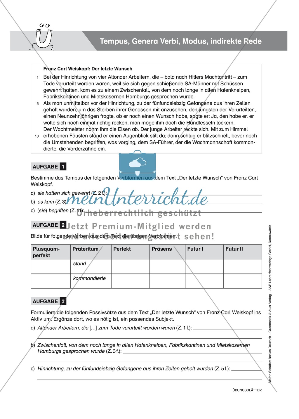 Basics Grammatik:Tempus - Genera Verbi - Modus - indirekte Rede, Aufgaben + Lösungen Preview 1