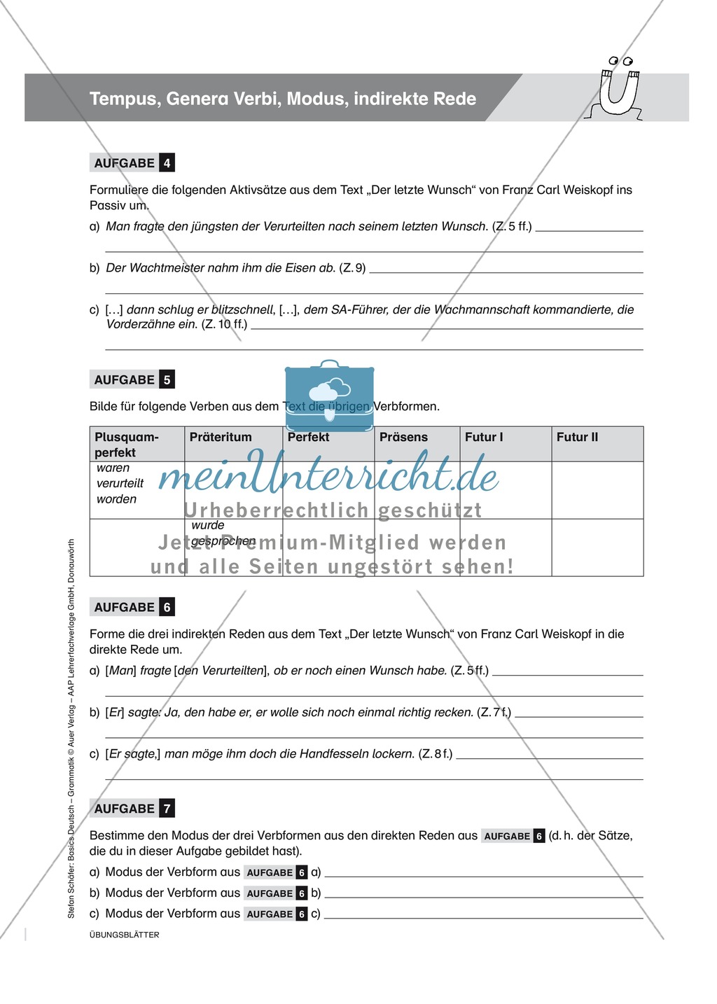 Basics Grammatik:Tempus - Genera Verbi - Modus - indirekte Rede, Aufgaben + Lösungen Preview 2