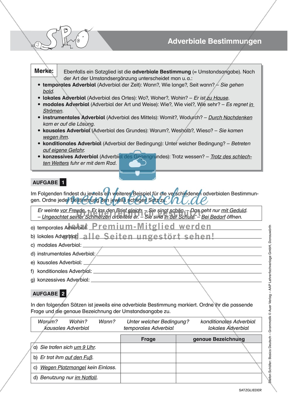 Satzgliedbestimmung Adverbiale Bestimmungen: Übungen, Lösung und Merkkasten Preview 1