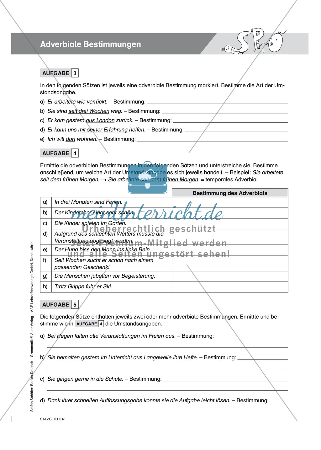 Satzgliedbestimmung Adverbiale Bestimmungen: Übungen, Lösung und Merkkasten Preview 2