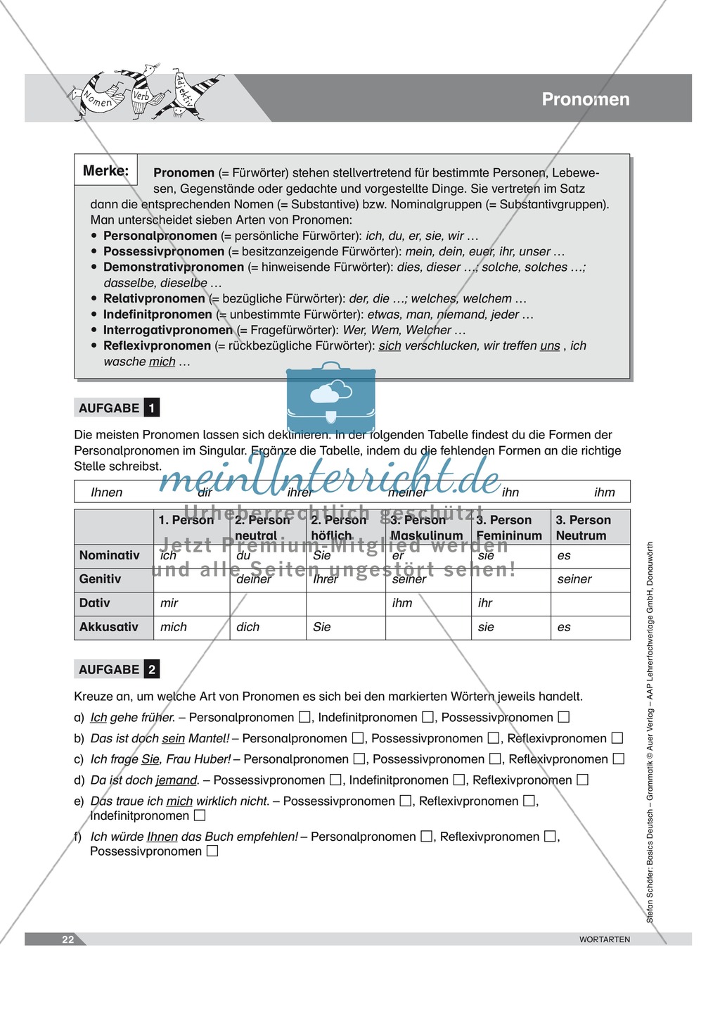 Basics Deutsch Grammatik Wortarten Pronomen: Arbeitsblätter und Lösungen Preview 1