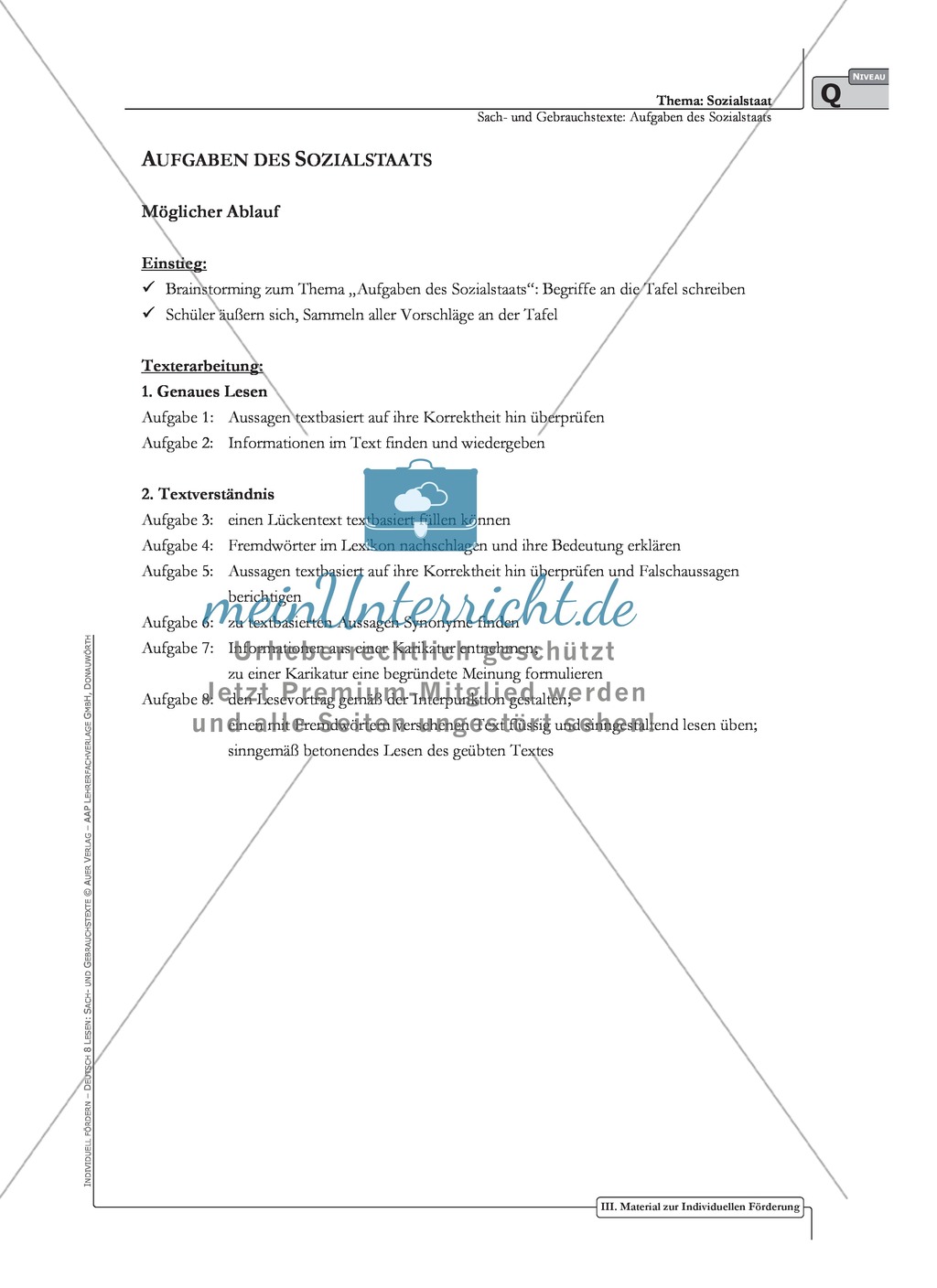 Sachtexte: Aufgaben des Sozialstaats: Unterrichtsvorschlag2, Text, Arbeitsblätter und Lösungen Preview 1