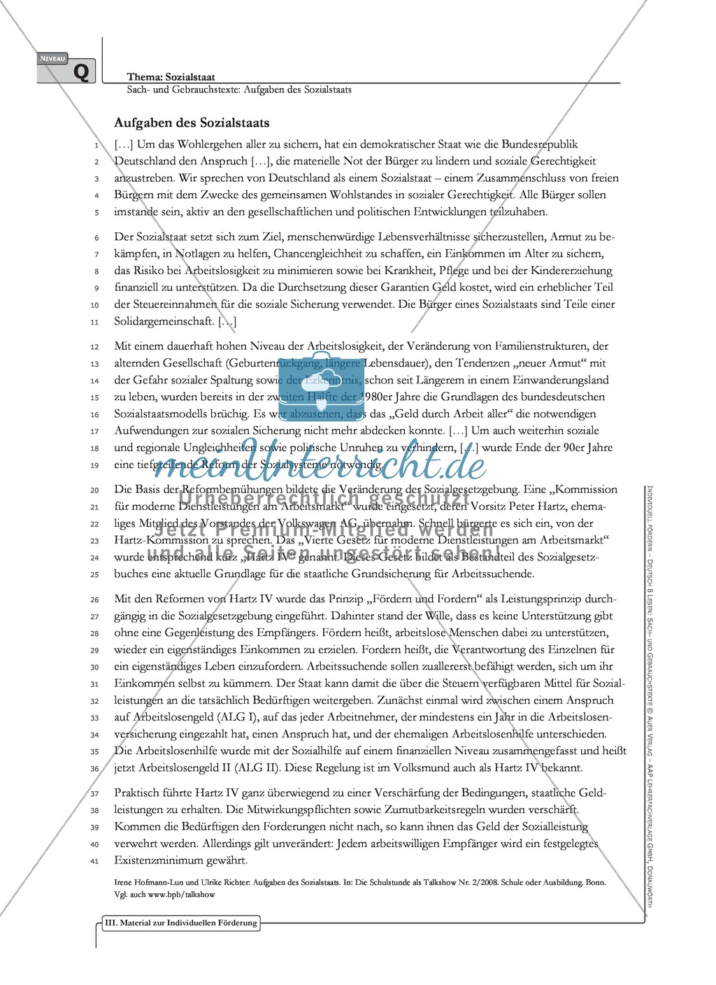 Sachtexte: Aufgaben des Sozialstaats: Unterrichtsvorschlag2, Text, Arbeitsblätter und Lösungen Preview 2