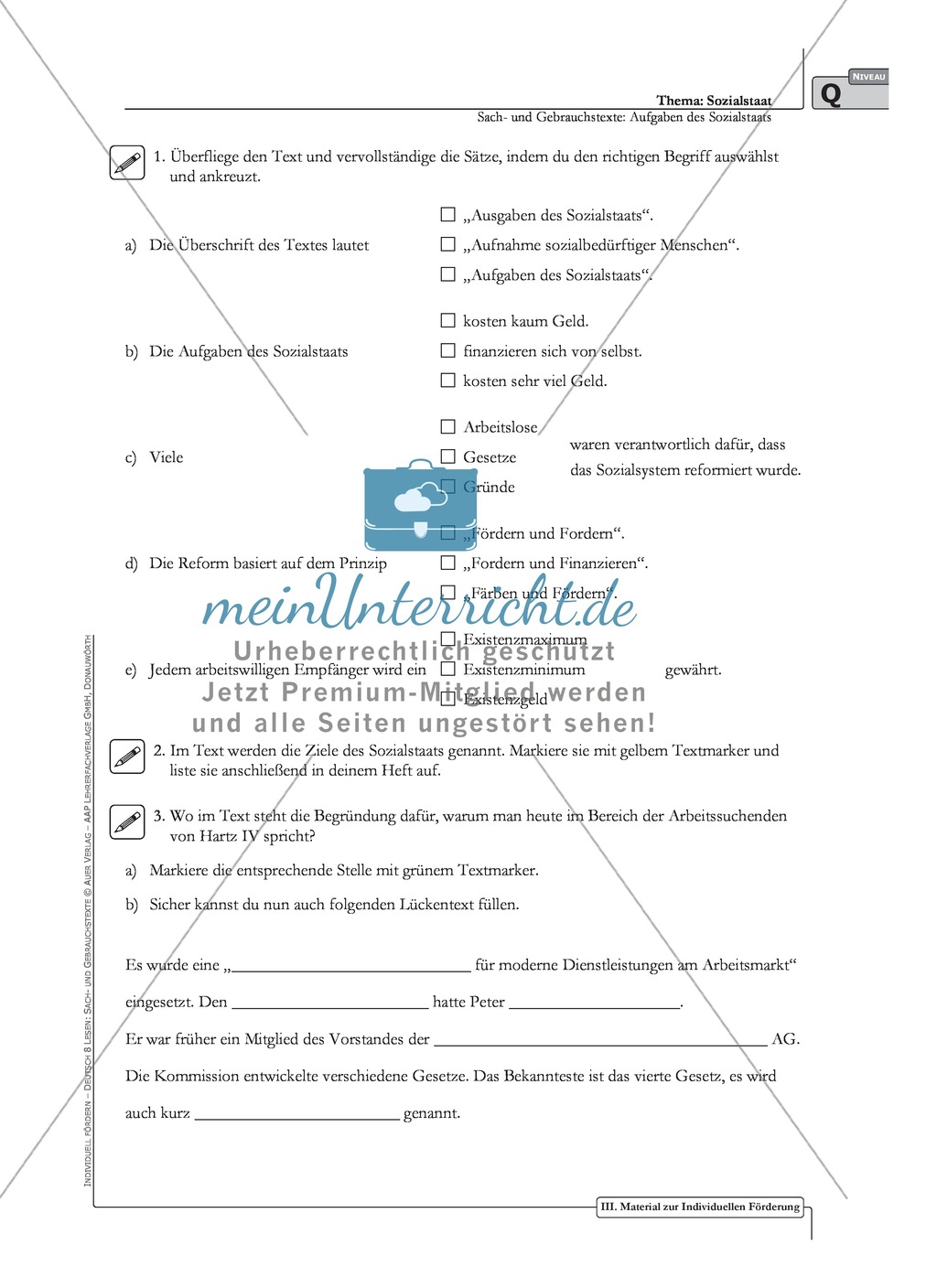 Sachtexte: Aufgaben des Sozialstaats: Unterrichtsvorschlag2, Text, Arbeitsblätter und Lösungen Preview 3