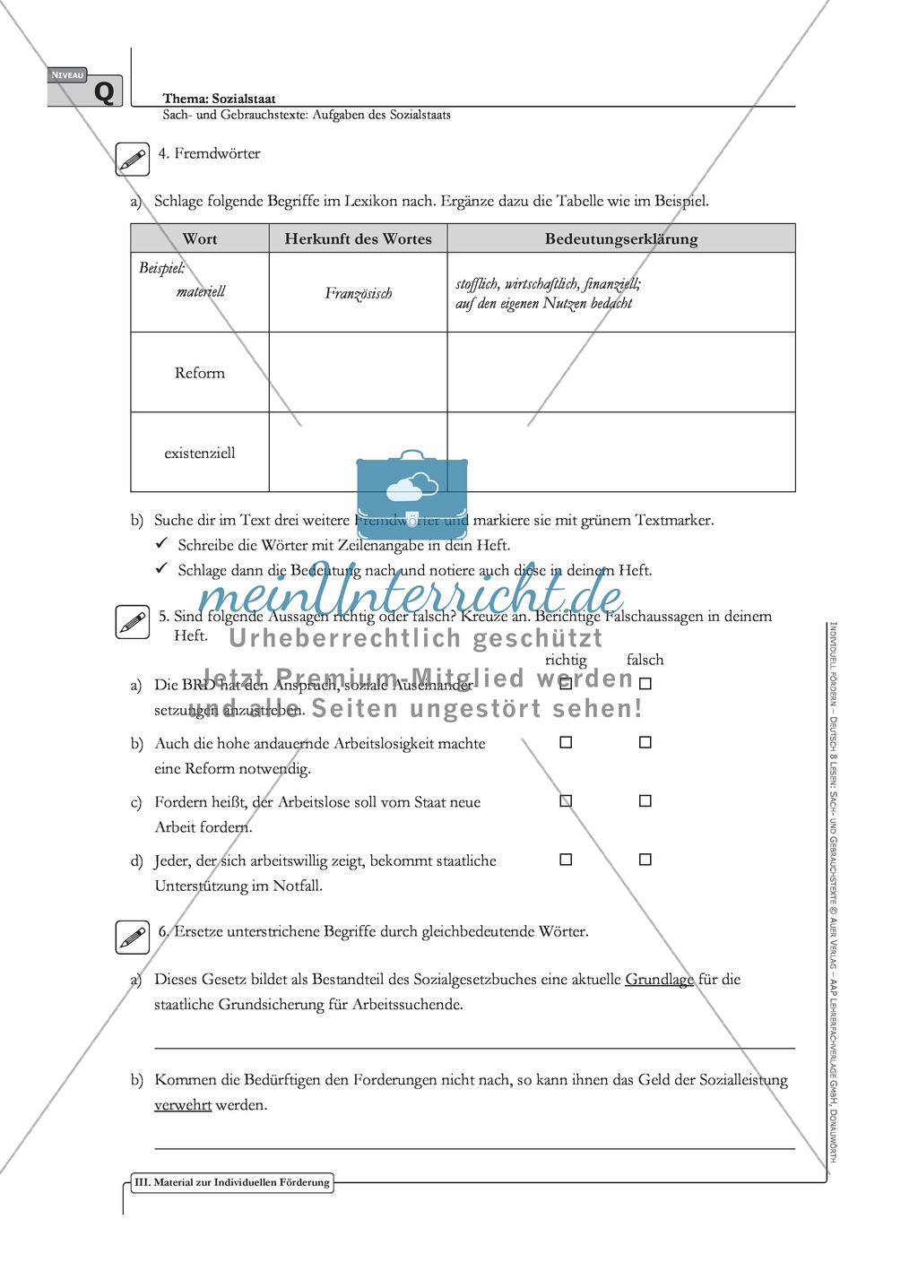 Sachtexte: Aufgaben des Sozialstaats: Unterrichtsvorschlag2, Text, Arbeitsblätter und Lösungen Preview 4