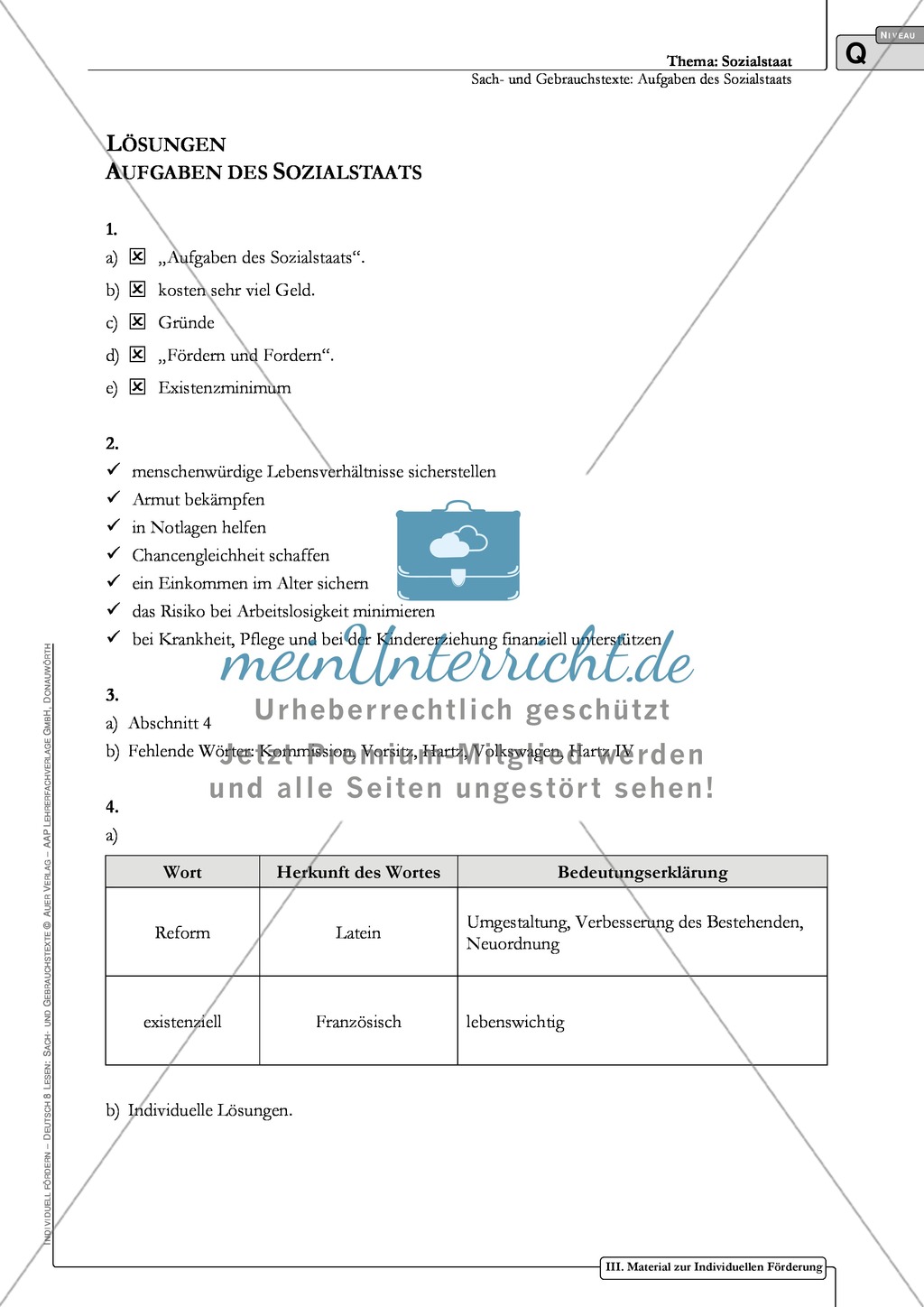 Sachtexte: Aufgaben des Sozialstaats: Unterrichtsvorschlag2, Text, Arbeitsblätter und Lösungen Preview 6