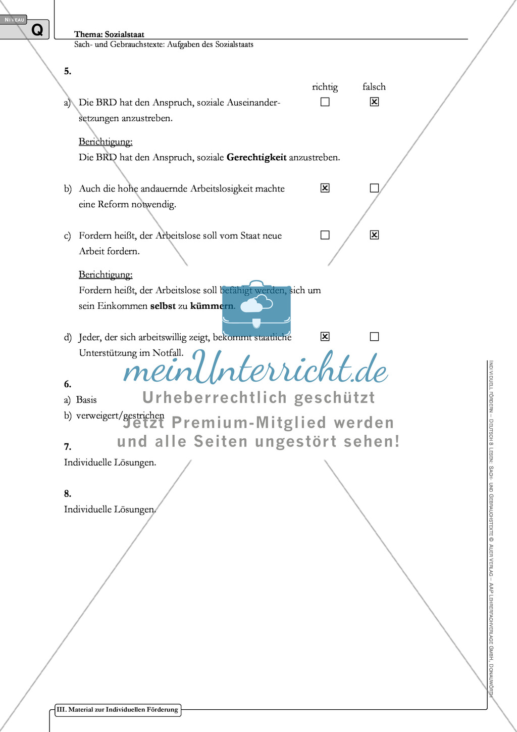 Sachtexte: Aufgaben des Sozialstaats: Unterrichtsvorschlag2, Text, Arbeitsblätter und Lösungen Preview 7