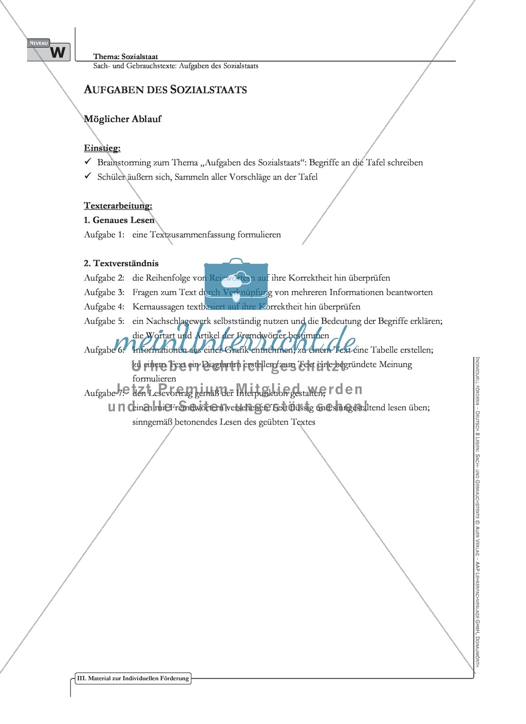 Sachtexte: Aufgaben des Sozialstaats: Unterrichtsvorschlag3, Text, Arbeitsblätter und Lösungen Preview 1