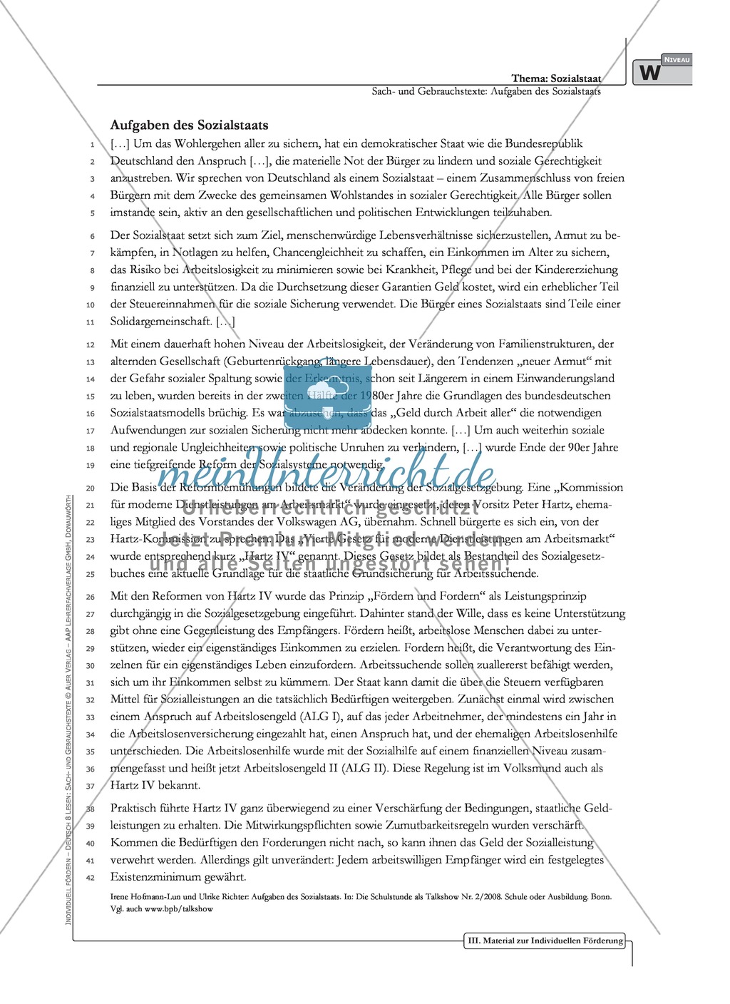 Sachtexte: Aufgaben des Sozialstaats: Unterrichtsvorschlag3, Text, Arbeitsblätter und Lösungen Preview 2