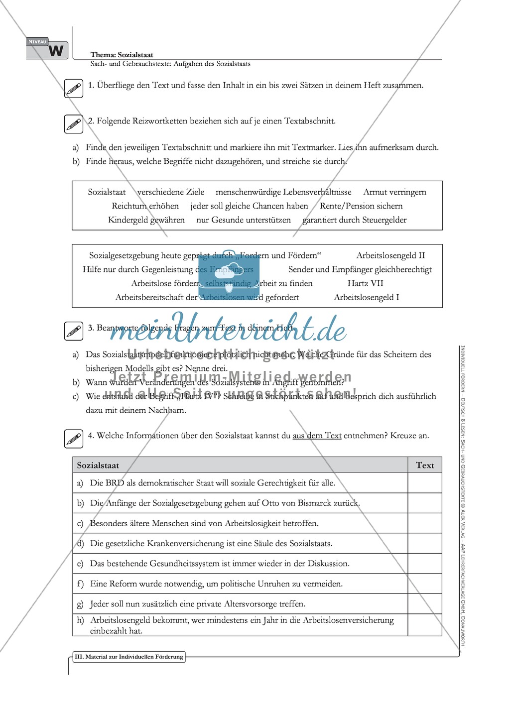 Sachtexte: Aufgaben des Sozialstaats: Unterrichtsvorschlag3, Text, Arbeitsblätter und Lösungen Preview 3