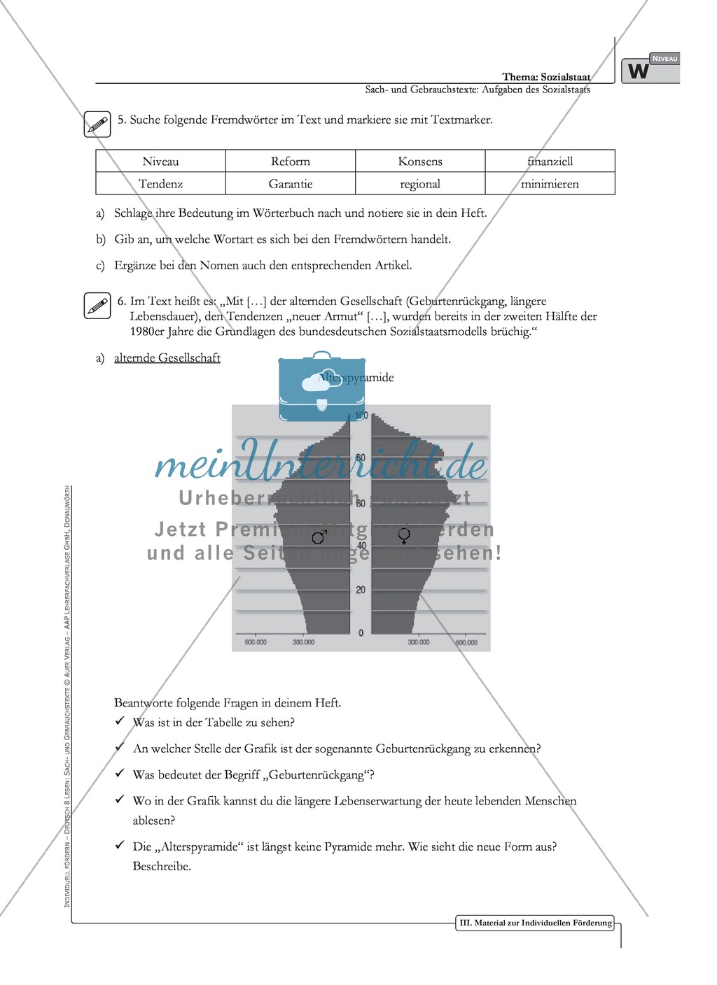 Sachtexte: Aufgaben des Sozialstaats: Unterrichtsvorschlag3, Text, Arbeitsblätter und Lösungen Preview 4