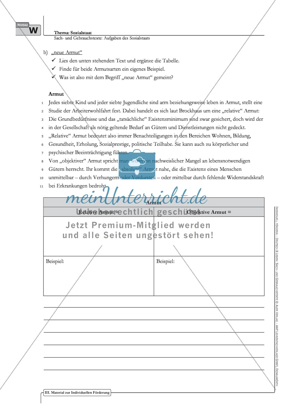 Sachtexte: Aufgaben des Sozialstaats: Unterrichtsvorschlag3, Text, Arbeitsblätter und Lösungen Preview 5