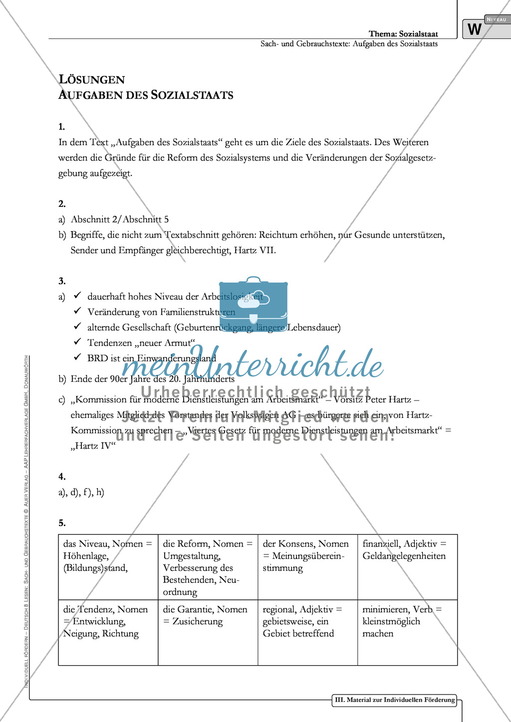 Sachtexte: Aufgaben des Sozialstaats: Unterrichtsvorschlag3, Text, Arbeitsblätter und Lösungen Preview 7