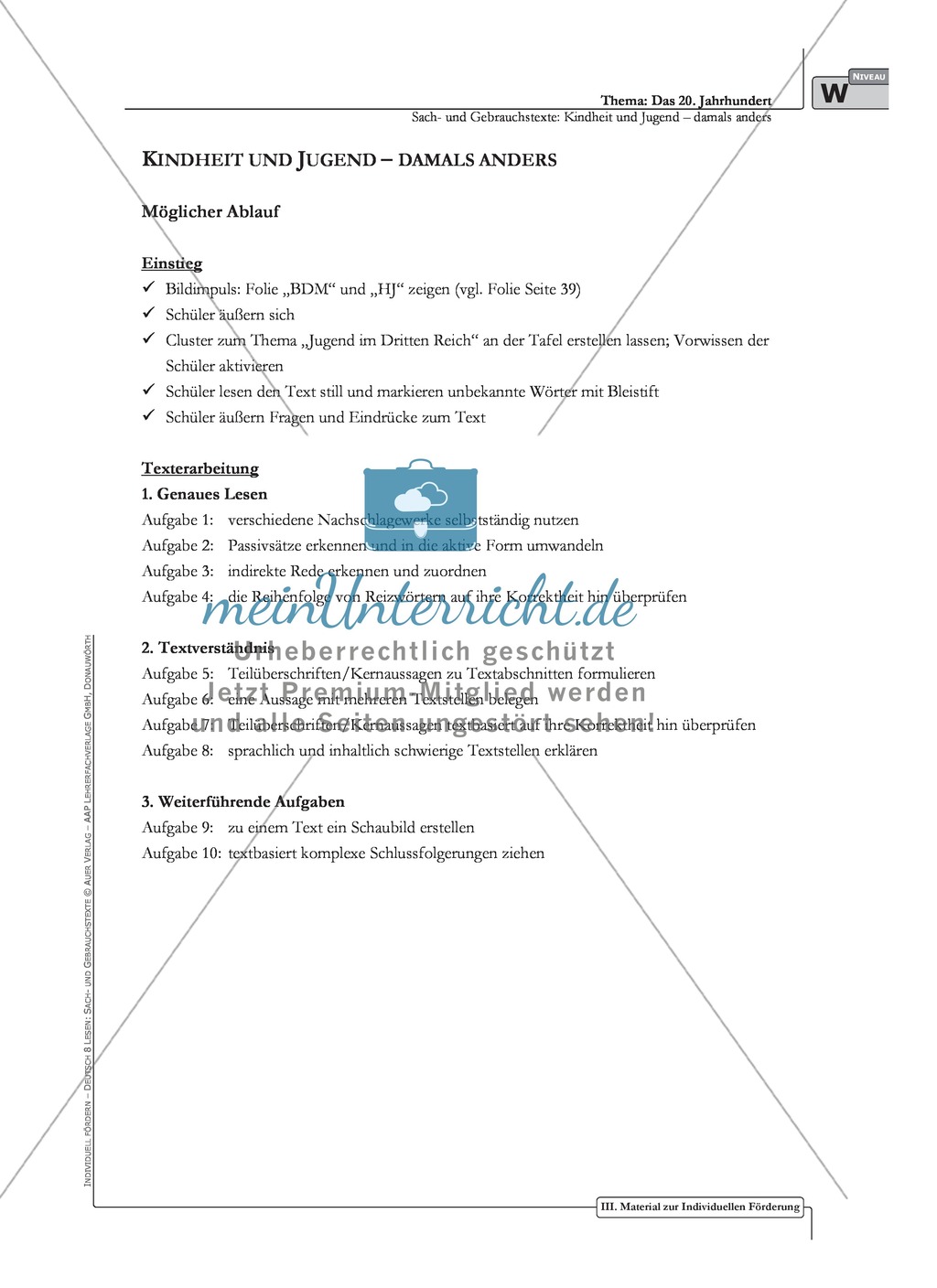 Sachtexte Kindheit in der NS-Zeit - Unterrichtsvorschlag3: Text, Arbeitsblätter und Lösungen Preview 1