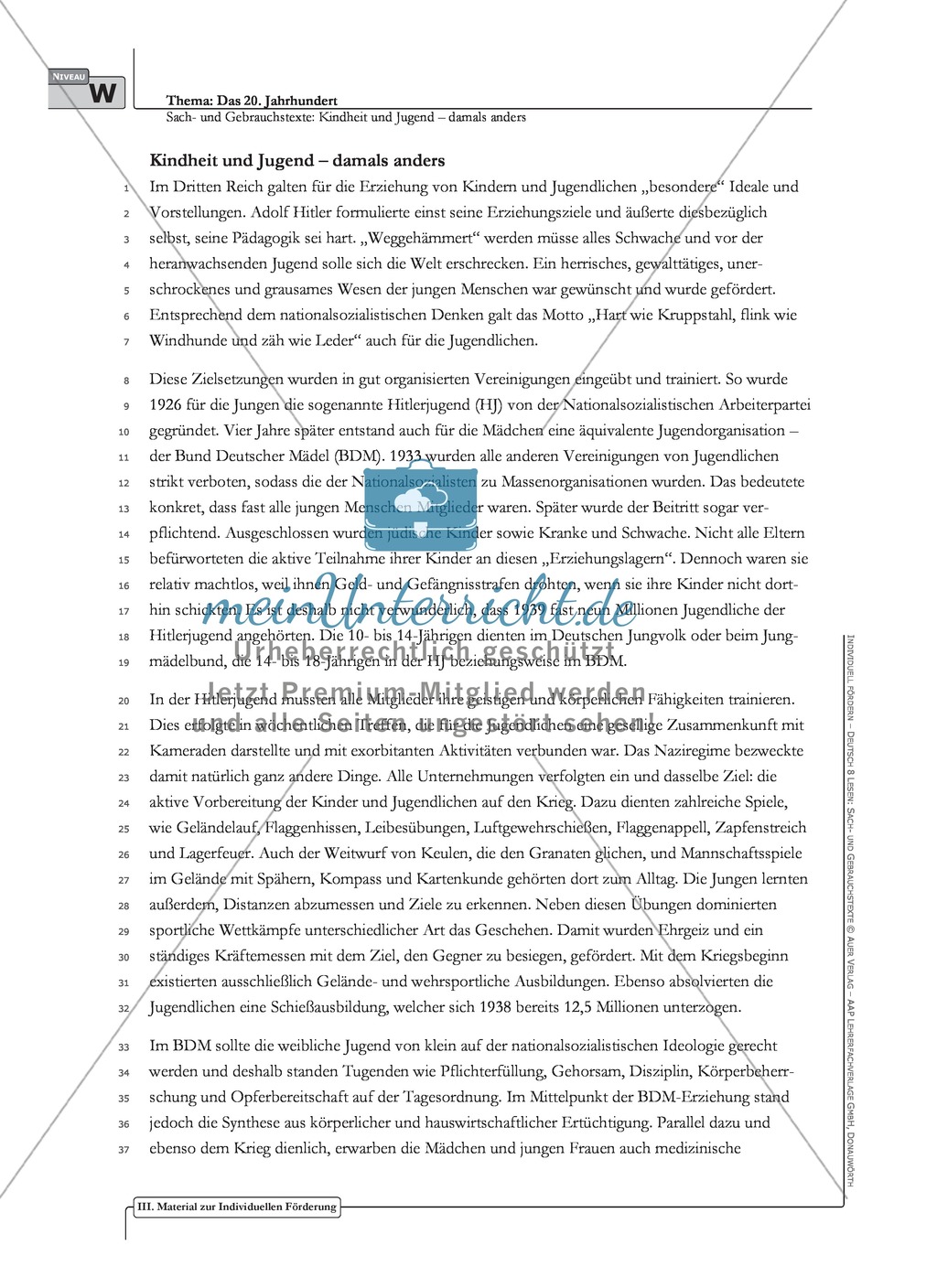 Sachtexte Kindheit in der NS-Zeit - Unterrichtsvorschlag3: Text, Arbeitsblätter und Lösungen Preview 2