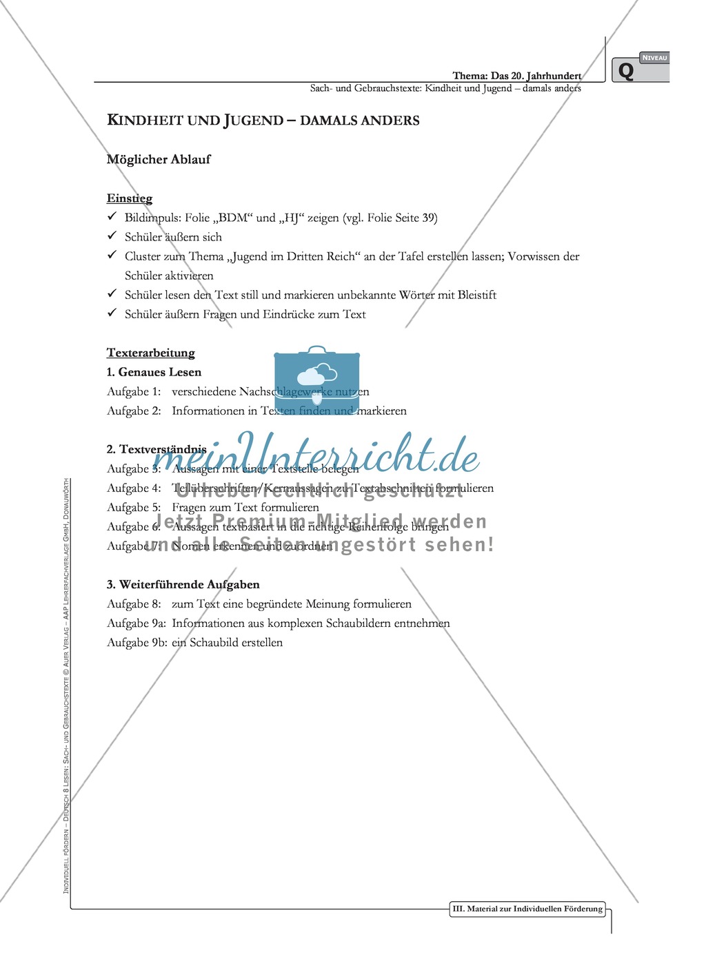 Sachtexte Kindheit in der NS-Zeit - Unterrichtsvorschlag 2: Text, Arbeitsblätter und Lösungen Preview 1