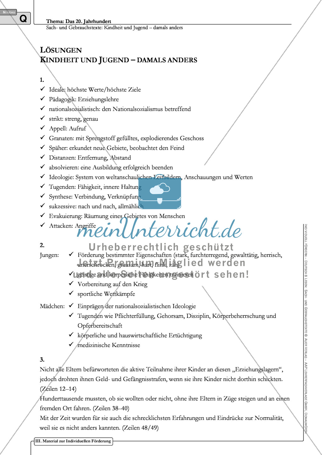 Sachtexte Kindheit in der NS-Zeit - Unterrichtsvorschlag 2: Text, Arbeitsblätter und Lösungen Preview 7