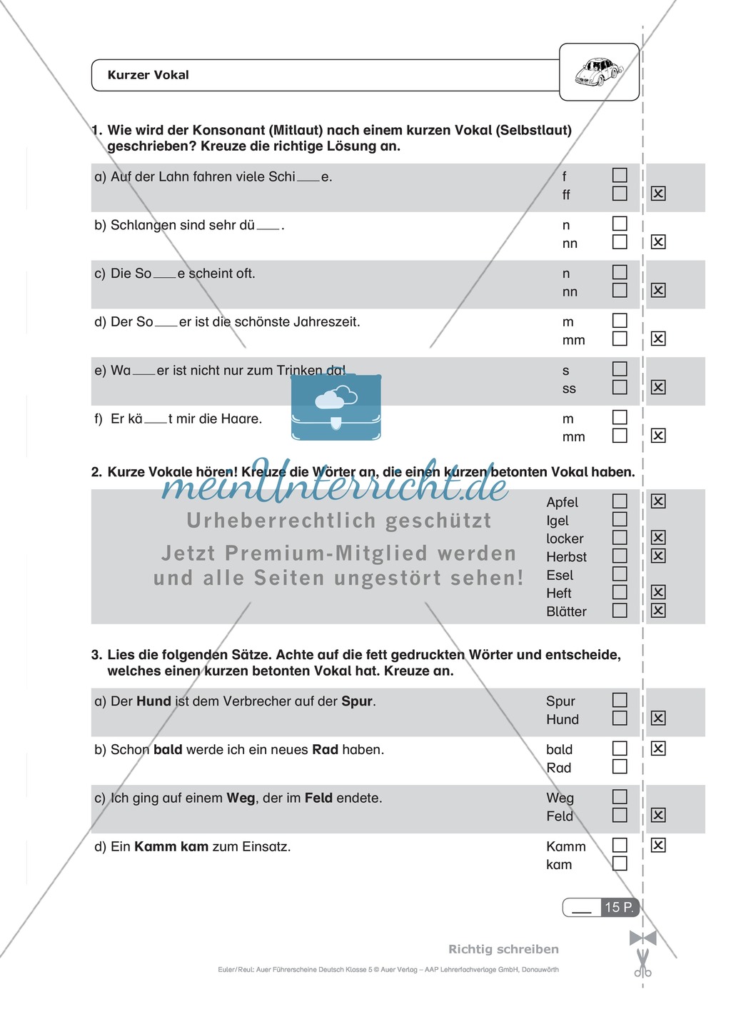 Rechtschreibung, kurze Vokale: Schnell-Tests Preview 1