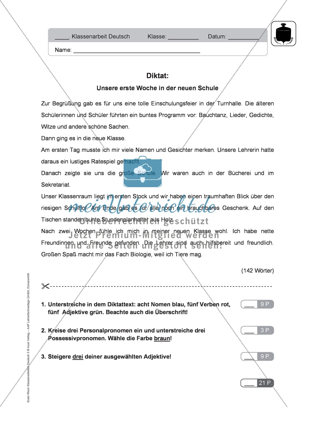 Wortarten - Diktat mit Aufgaben: Klassenarbeit und Lösung Preview 1
