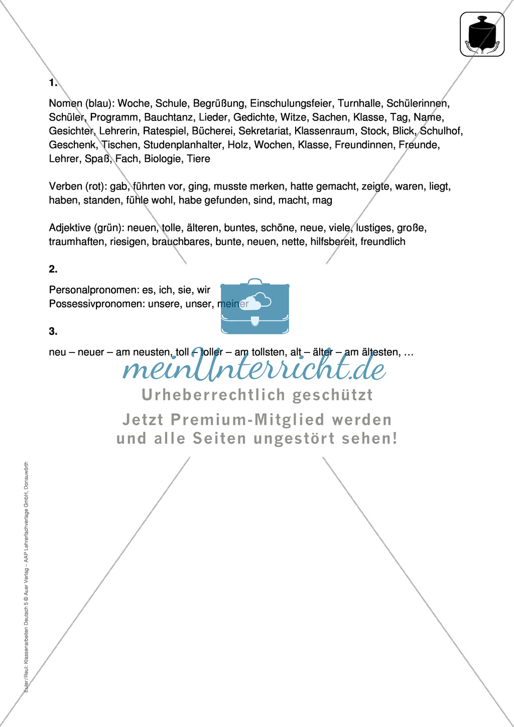 Wortarten - Diktat mit Aufgaben: Klassenarbeit und Lösung Preview 2