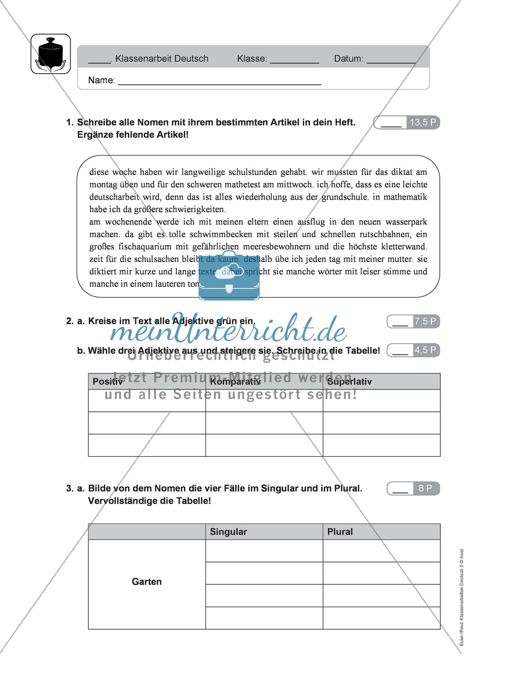 Wortarten bestimmen: Klassenarbeit und Lösung Preview 1