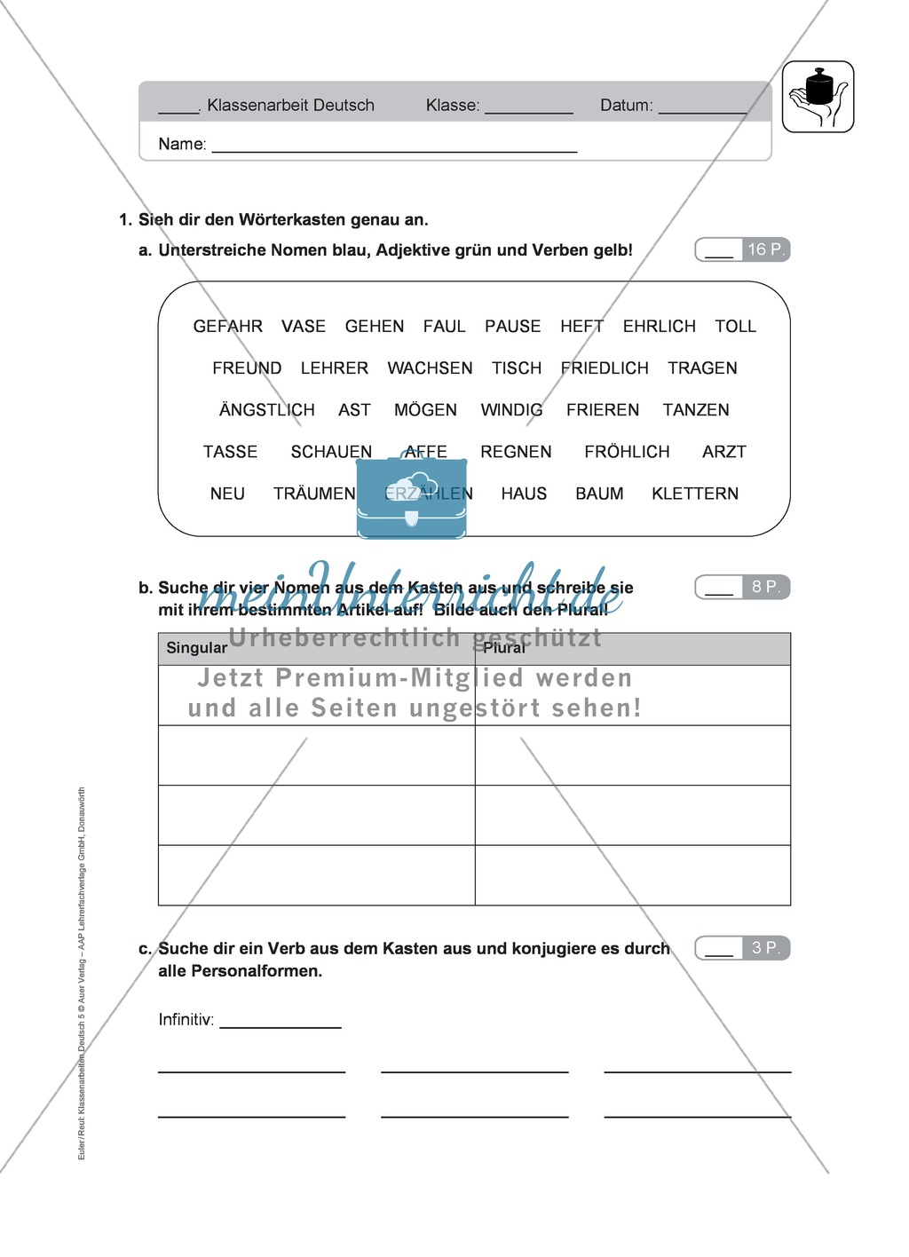 Wortarten und Kasus bestimmen: Klassenarbeit und Lösung Preview 1