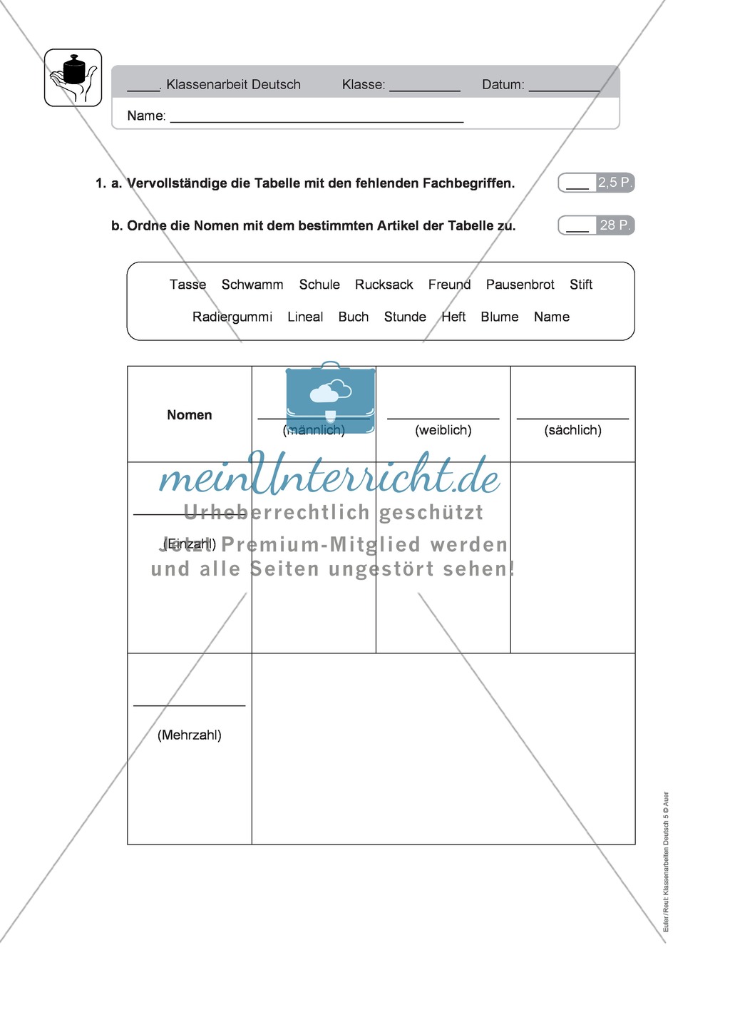 Wortarten bestimmen, Fachbegriffe kennen: Klassenarbeit und Lösung Preview 1