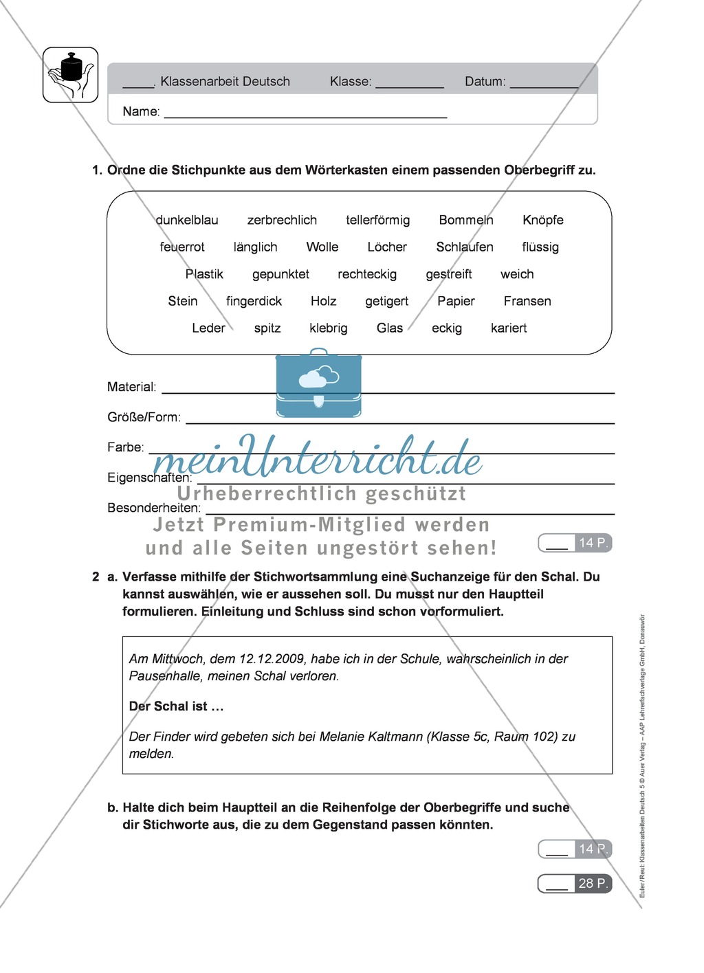 Wortkunde, Ausdruck: Klassenarbeit und Lösung Preview 1