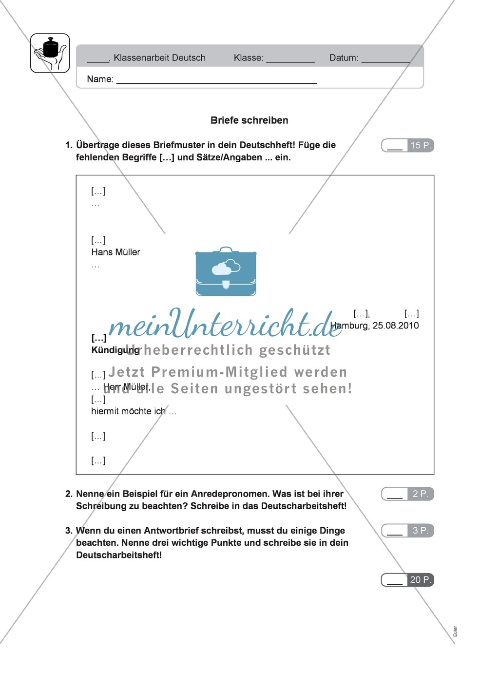 Briefe schreiben: Klassenarbeit und Lösung Preview 1
