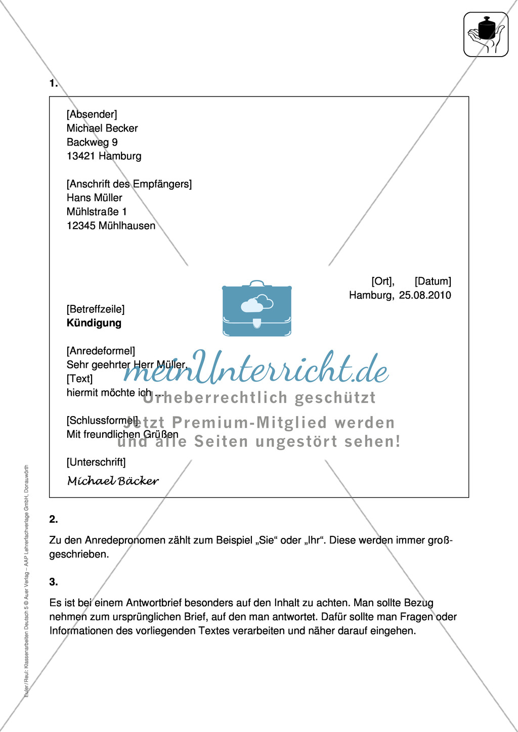 Briefe schreiben: Klassenarbeit und Lösung Preview 2