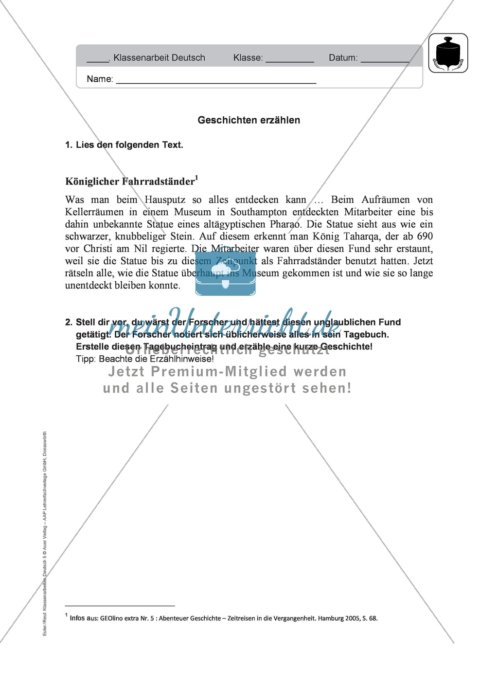 Geschichten erzählen: Klassenarbeit und Lösung Preview 1