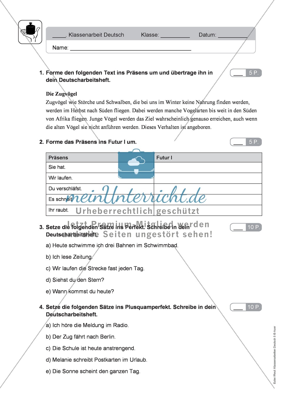 Zeitformen: Klassenarbeit und Lösung Preview 1