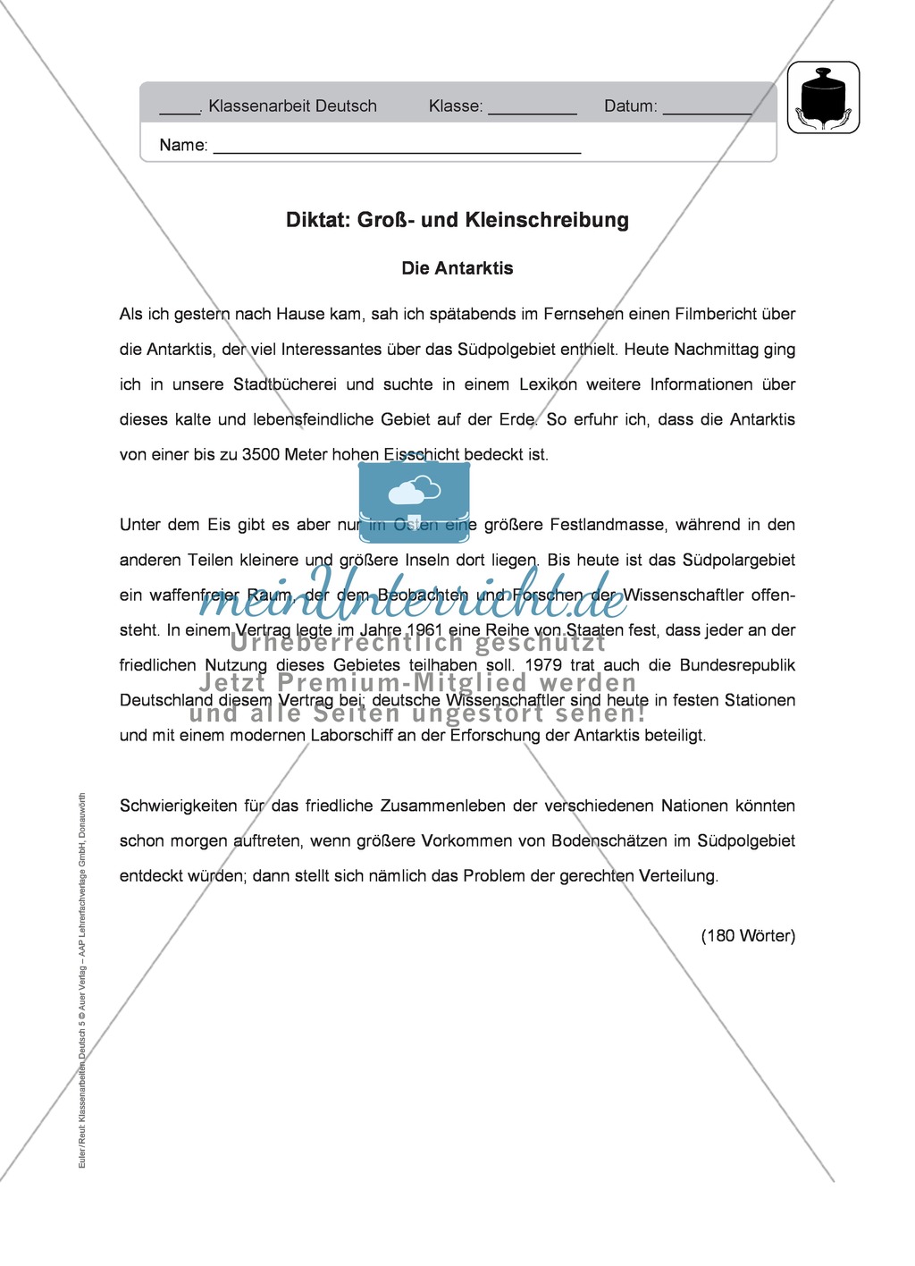 Groß- und Kleinschreibung, Thema "Antarktis": Klassenarbeit (Diktat) Preview 1