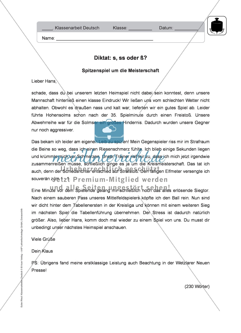 s-Laute: Klassenarbeit (Diktat) Preview 1