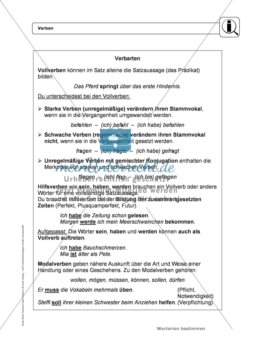 Wortarten: Verben: Regeln, Arbeitsblätter und Lösungen Preview 2