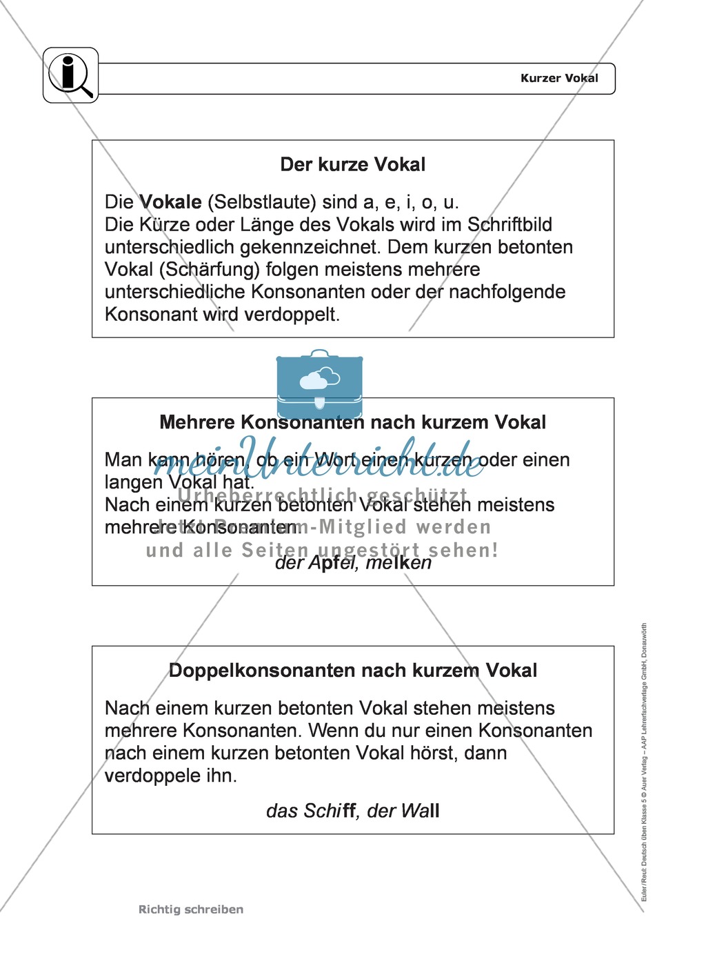 Rechtschreibung, kurzer Vokal: Regeln, Arbeitsblätter und Lösungen Preview 1