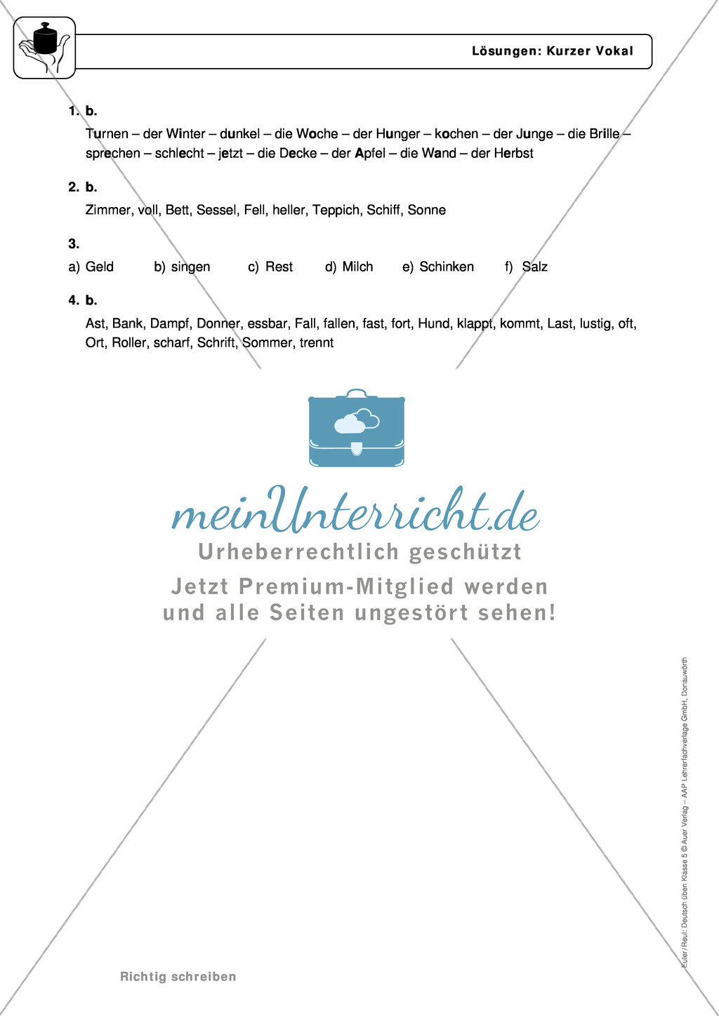 Rechtschreibung, kurzer Vokal: Regeln, Arbeitsblätter und Lösungen Preview 4