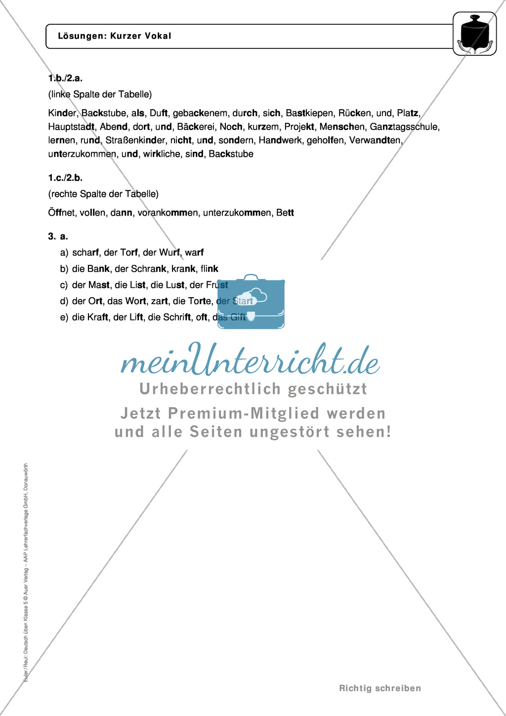 Rechtschreibung, kurzer Vokal: Regeln, Arbeitsblätter und Lösungen Preview 5