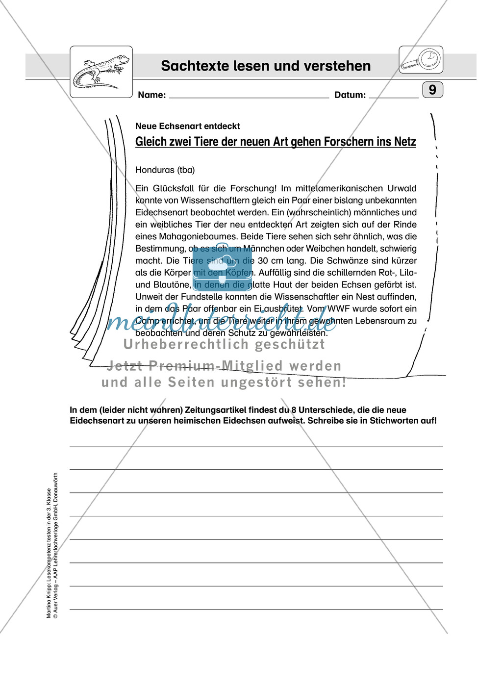 Lesekompetenz testen: Sachtext: Wichtige Hinweise für die Lehrer, Übungen und Lösungen Preview 11