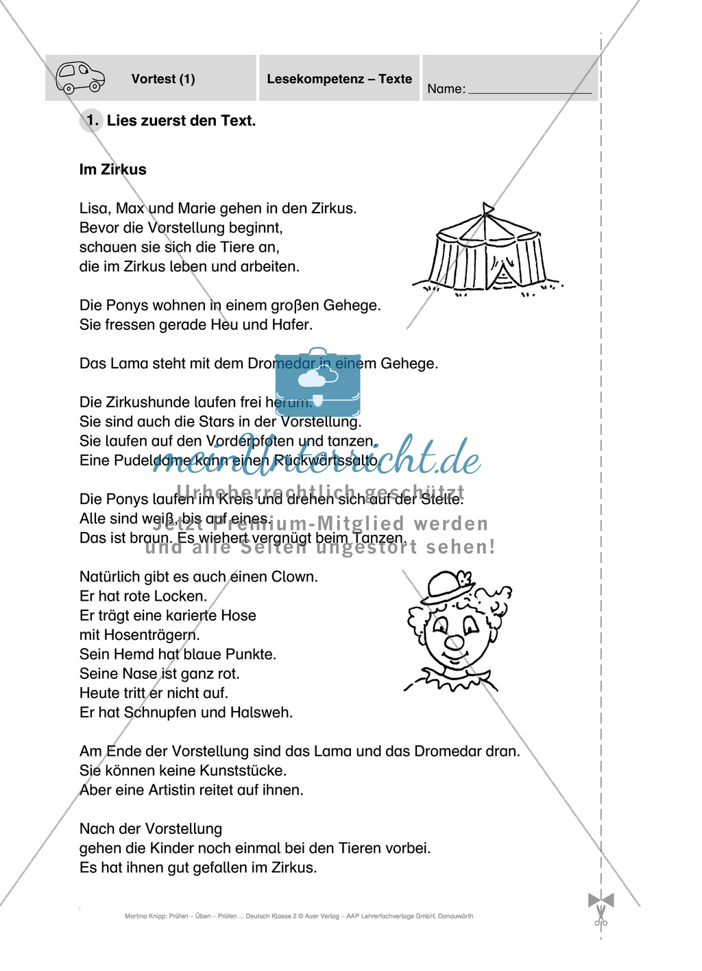 Im Zirkus - Führerschein-Vortest: Lesekompetenz, Texte: Vortest Preview 1