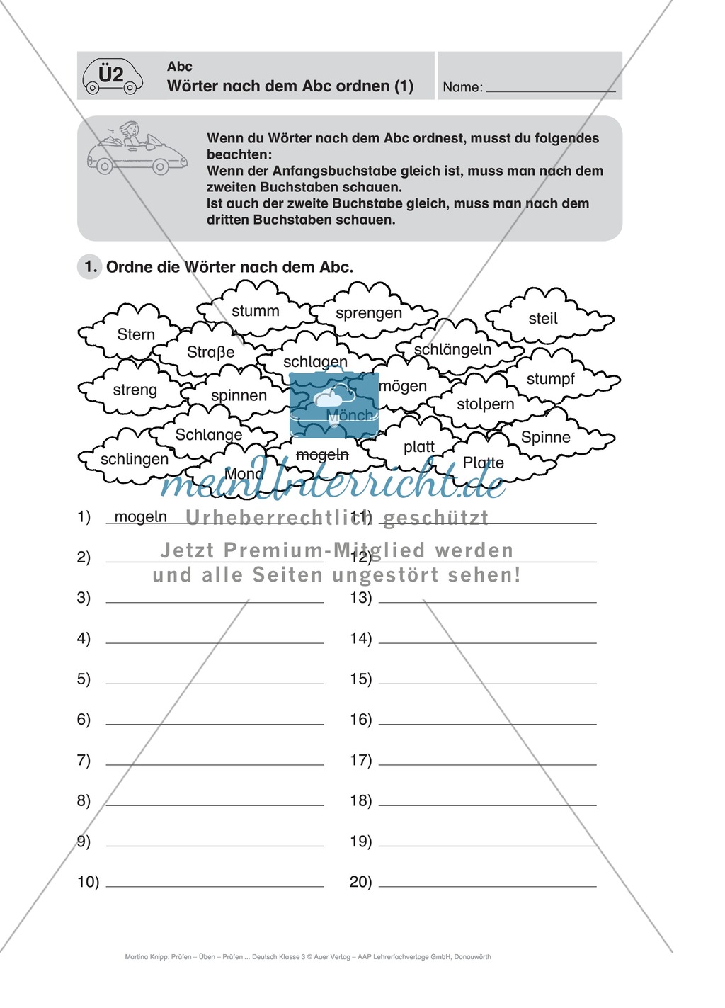 Wörter alphabetisch ordnen: Führerschein-Übungsaufgaben und Lösung Preview 1