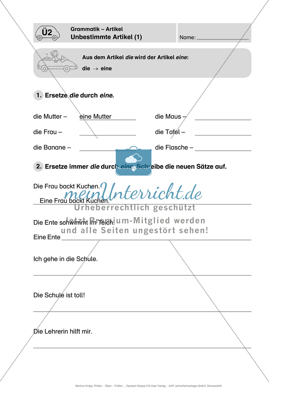 Grammatik, unbestimmte Artikel: Führerschein-Übungsaufgaben und Lösung Preview 1