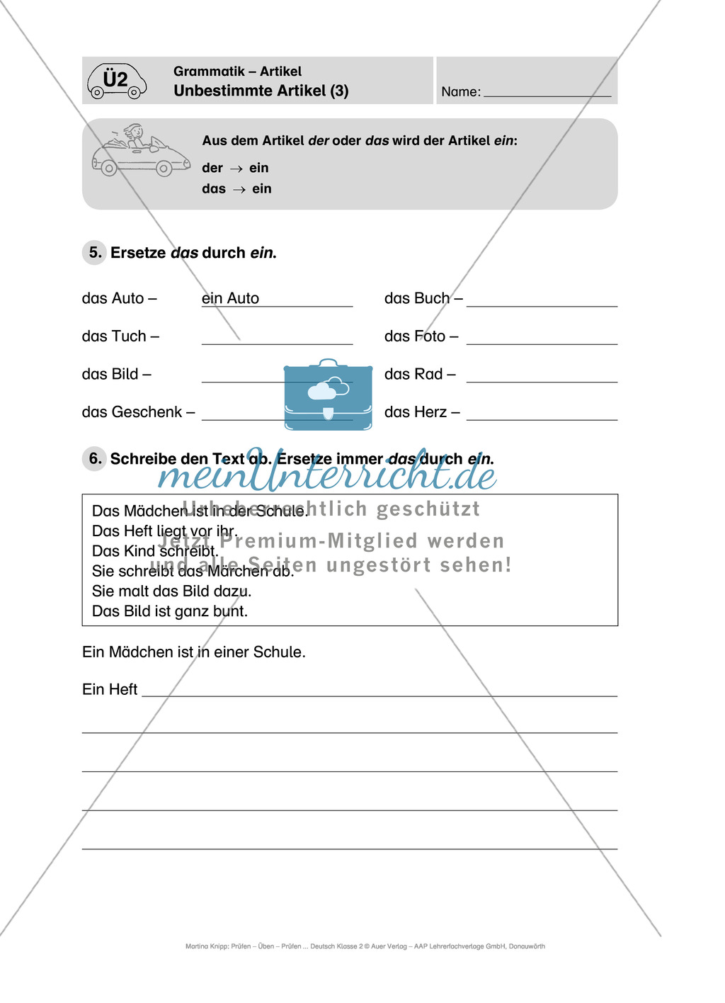 Grammatik, unbestimmte Artikel: Führerschein-Übungsaufgaben und Lösung Preview 3