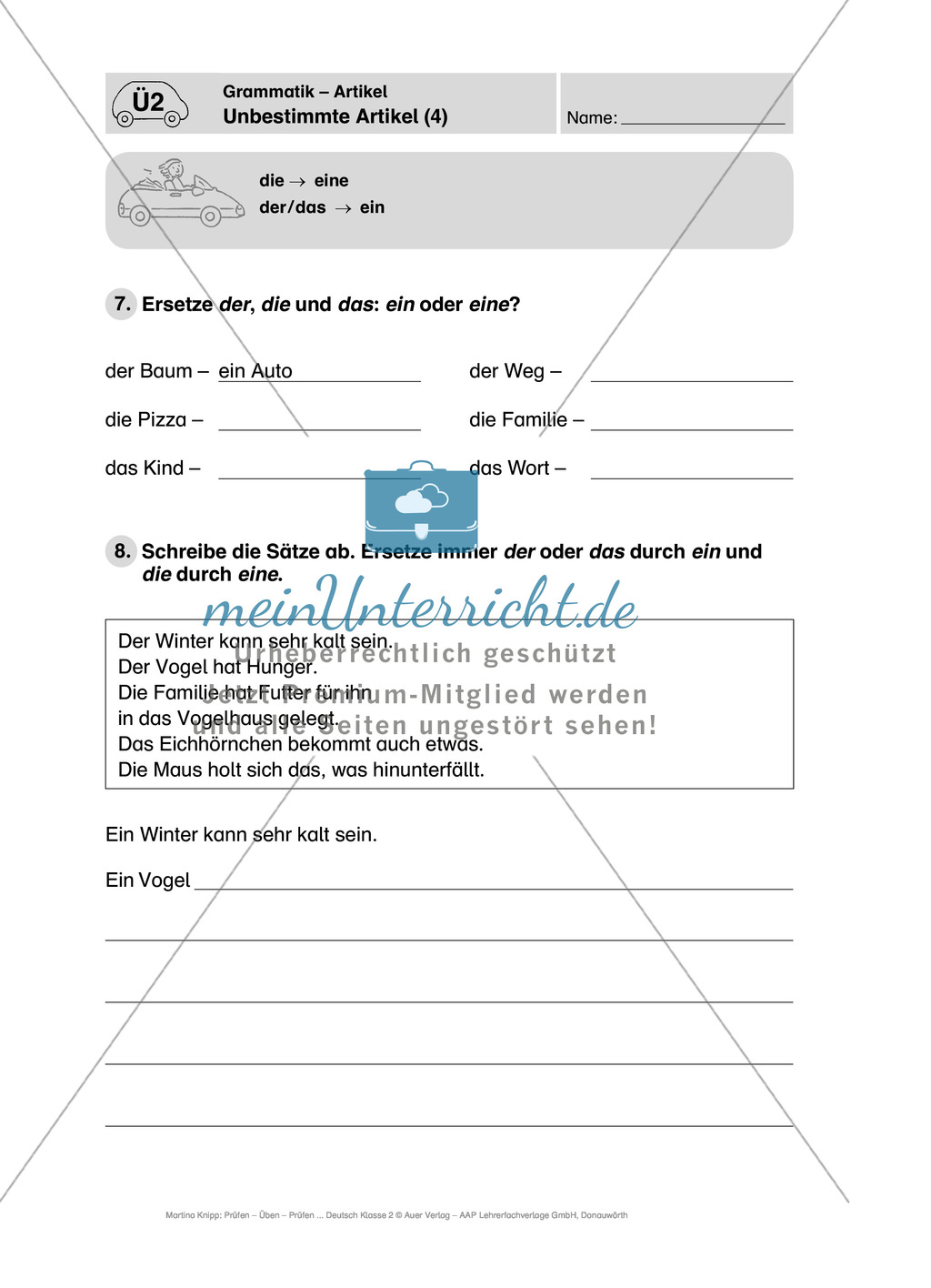 Grammatik, unbestimmte Artikel: Führerschein-Übungsaufgaben und Lösung Preview 4