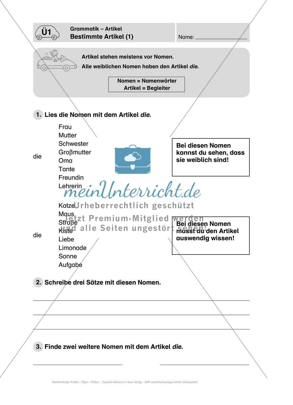 Grammatik, bestimmte Artikel: Führerschein-Übungsaufgaben und Lösung Preview 1