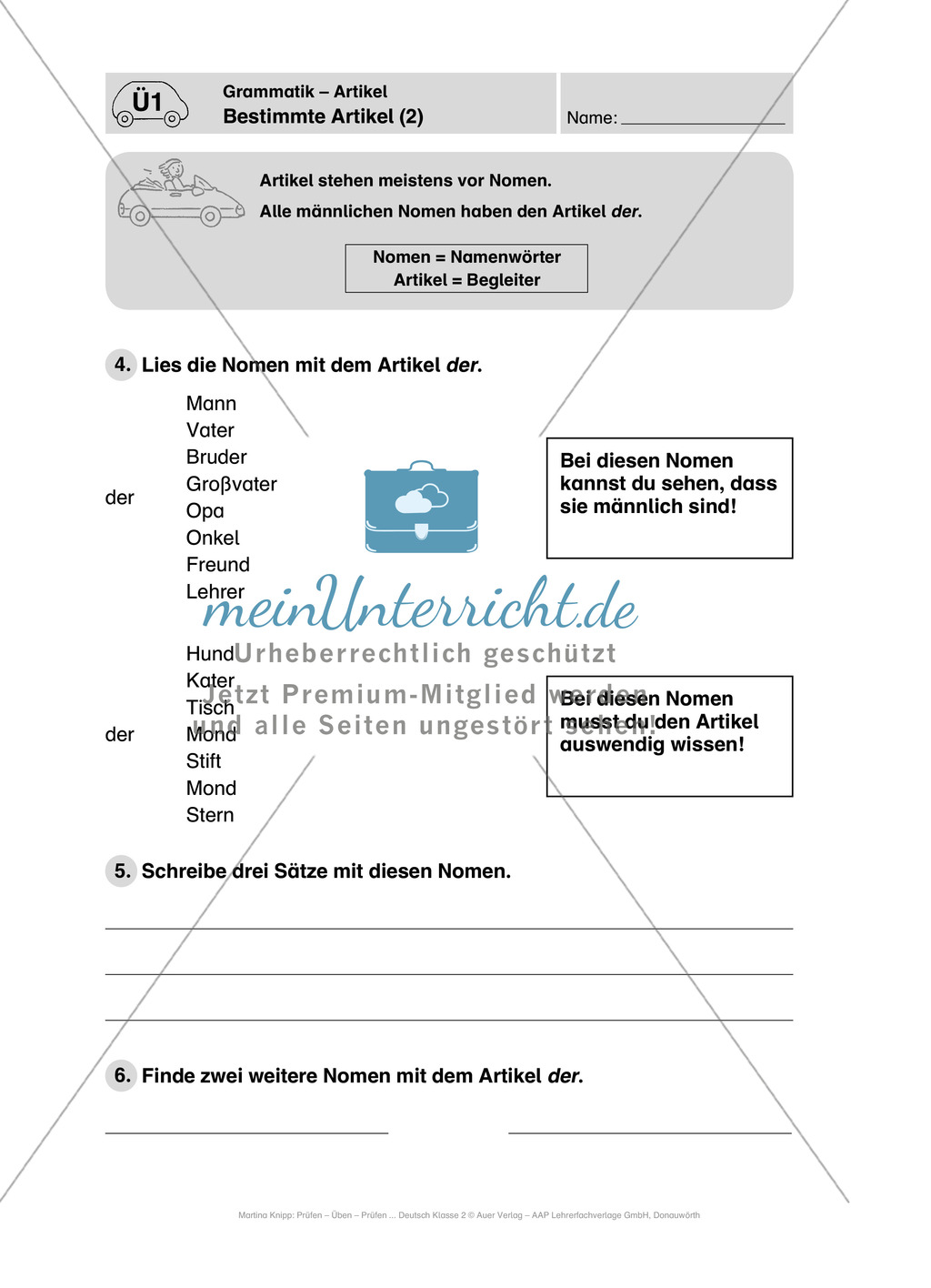 Grammatik, bestimmte Artikel: Führerschein-Übungsaufgaben und Lösung Preview 2