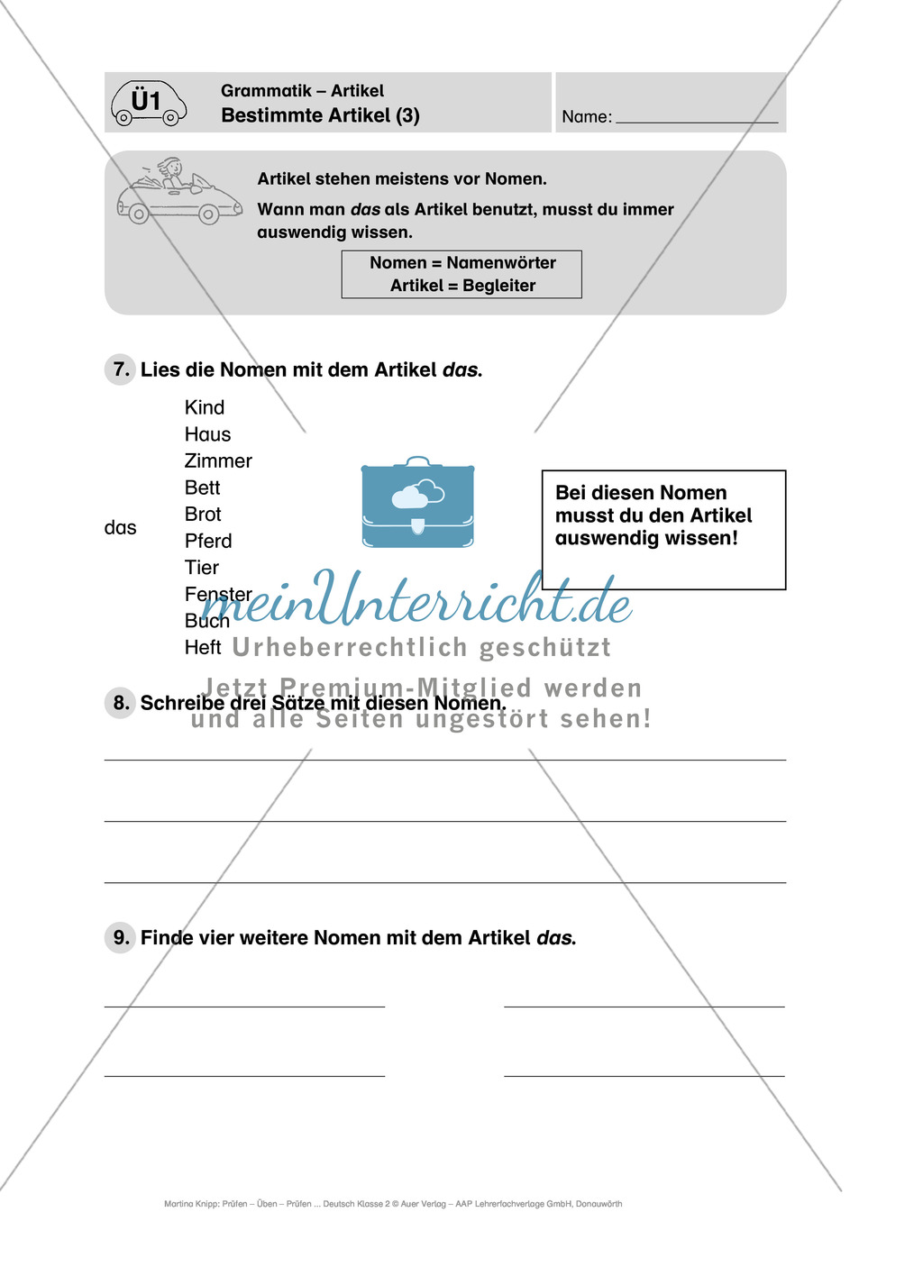 Grammatik, bestimmte Artikel: Führerschein-Übungsaufgaben und Lösung Preview 3