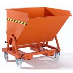 Mobiler Kippbehälter mit Klappmechanismus, mit Siebeinsatz, Traglast 1000 kg, Volumen 0,4 m³.