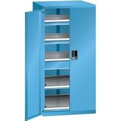 Schubladenschrank mit Flügeltüren, Höhe 1450 mm, 2 Böden, 3 Schubladen, Traglast 75 kg, grau metalli
