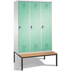 EVOLO Garderobenschrank, mit Sitzbank, 3 Abteile, Abteilbreite 400 mm, lichtgrau